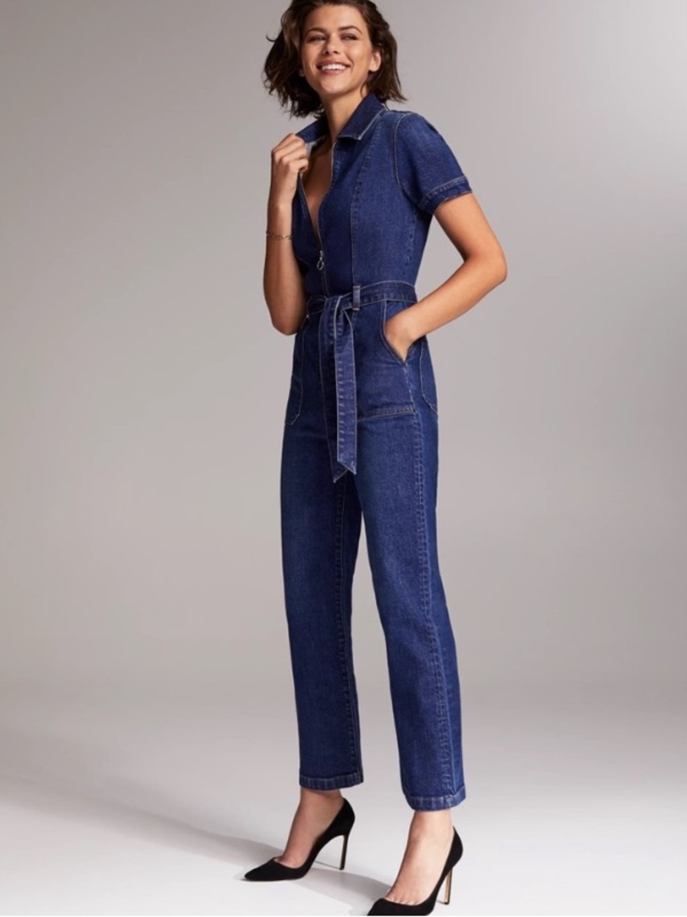 Aritzia Denim Forum The Jerry Zip Front Belted Jumpsuit